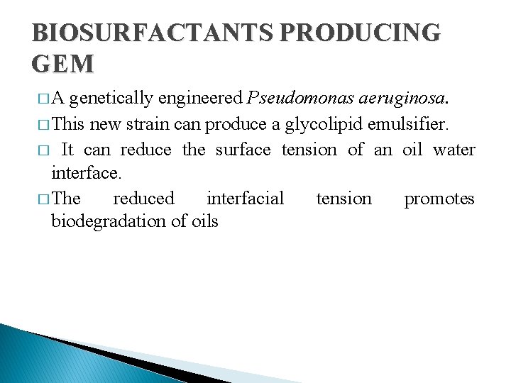 BIOSURFACTANTS PRODUCING GEM �A genetically engineered Pseudomonas aeruginosa. � This new strain can produce