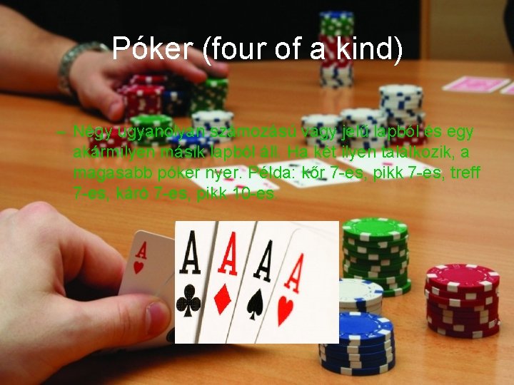 Póker (four of a kind) – Négy ugyanolyan számozású vagy jelű lapból és egy