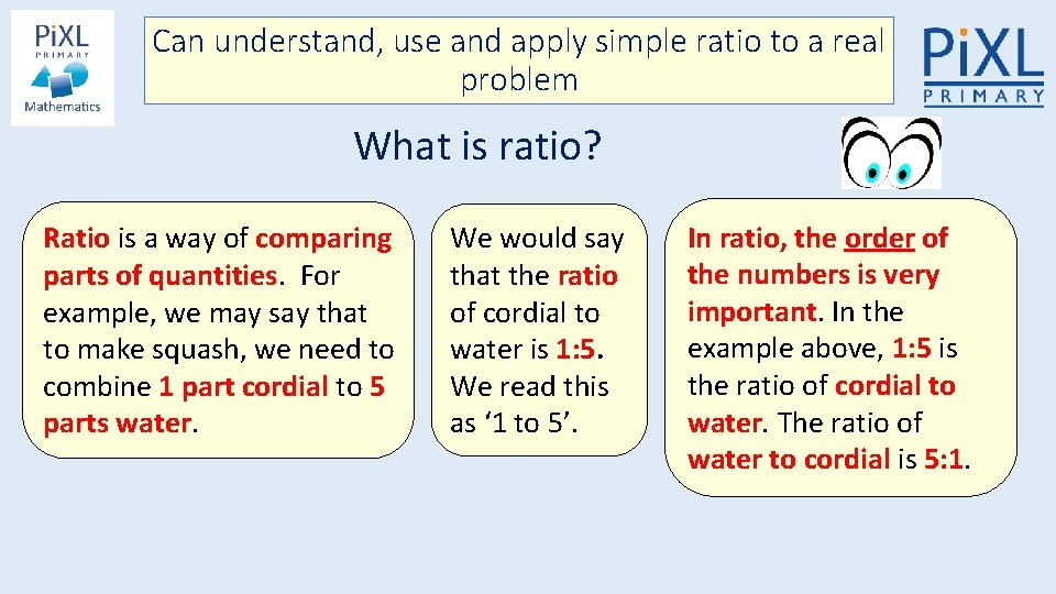 Can understand, use and apply simple ratio to a real problem What is ratio?