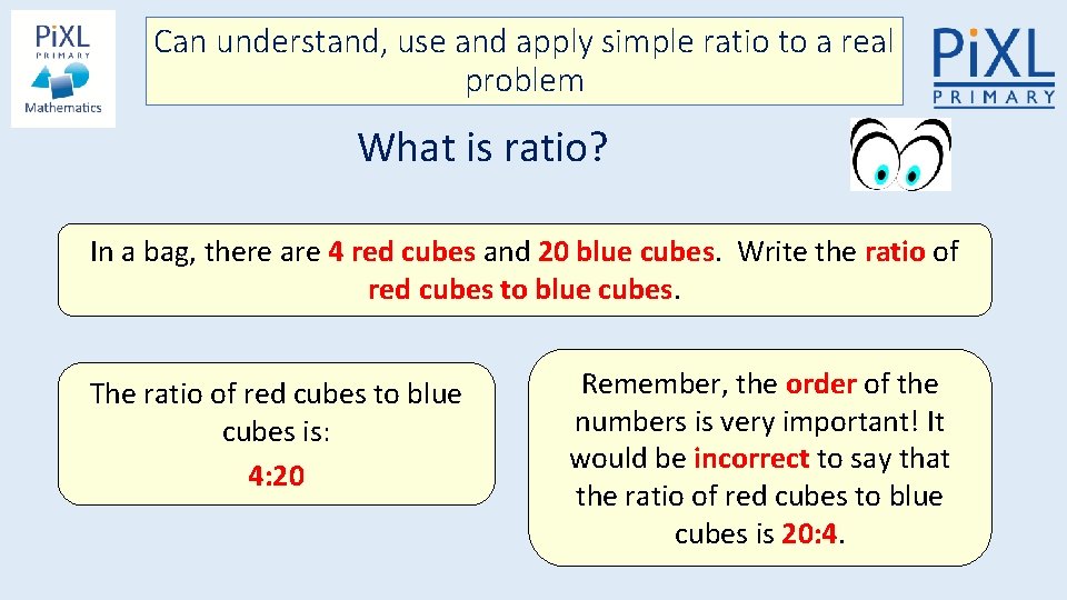 Can understand, use and apply simple ratio to a real problem What is ratio?