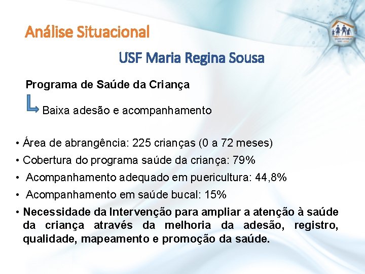 Análise Situacional USF Maria Regina Sousa Programa de Saúde da Criança Baixa adesão e