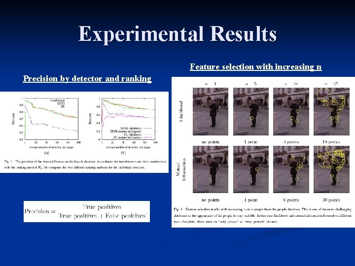 Experimental Results Feature selection with increasing n Precision by detector and ranking 