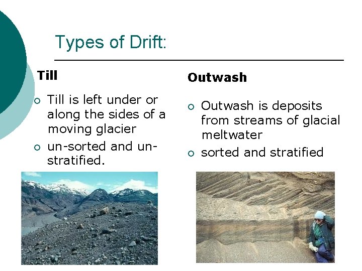 Types of Drift: Till ¡ ¡ Till is left under or along the sides