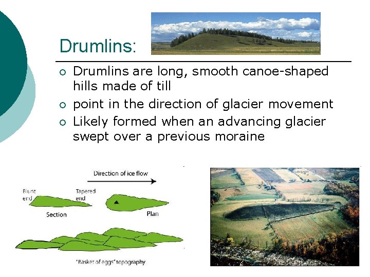 Drumlins: ¡ ¡ ¡ Drumlins are long, smooth canoe-shaped hills made of till point