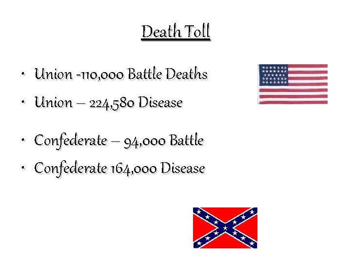 Death Toll • Union -110, 000 Battle Deaths • Union – 224, 580 Disease