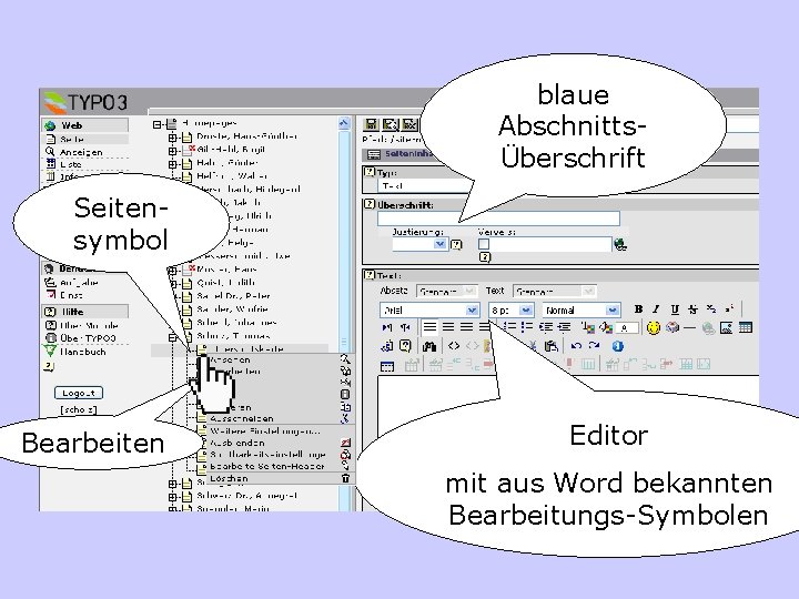 blaue AbschnittsÜberschrift Seitensymbol Bearbeiten Editor mit aus Word bekannten Bearbeitungs-Symbolen 