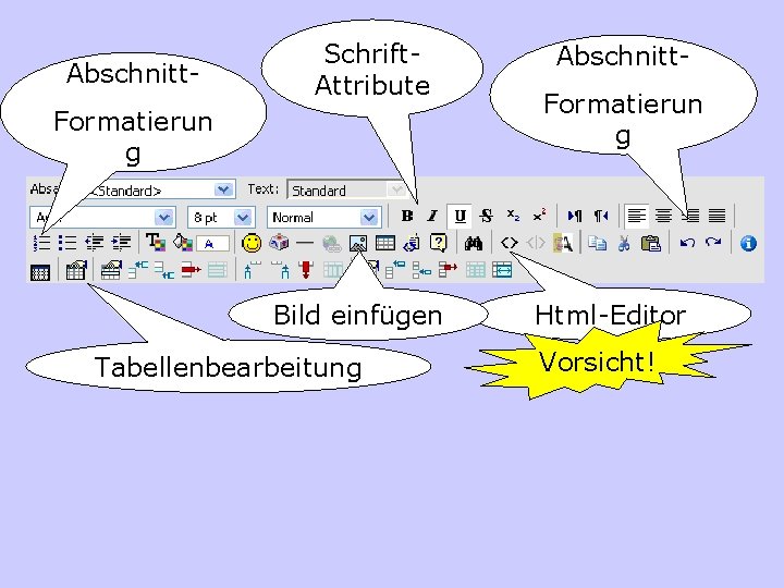 Abschnitt- Schrift. Attribute Formatierun g Bild einfügen Tabellenbearbeitung Abschnitt. Formatierun g Html-Editor Vorsicht! 