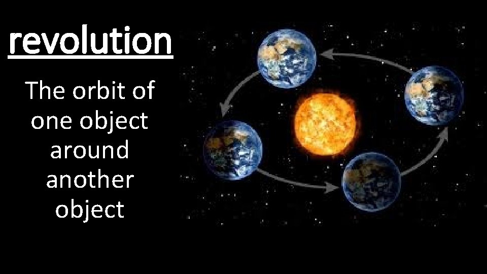 revolution The orbit of one object around another object 