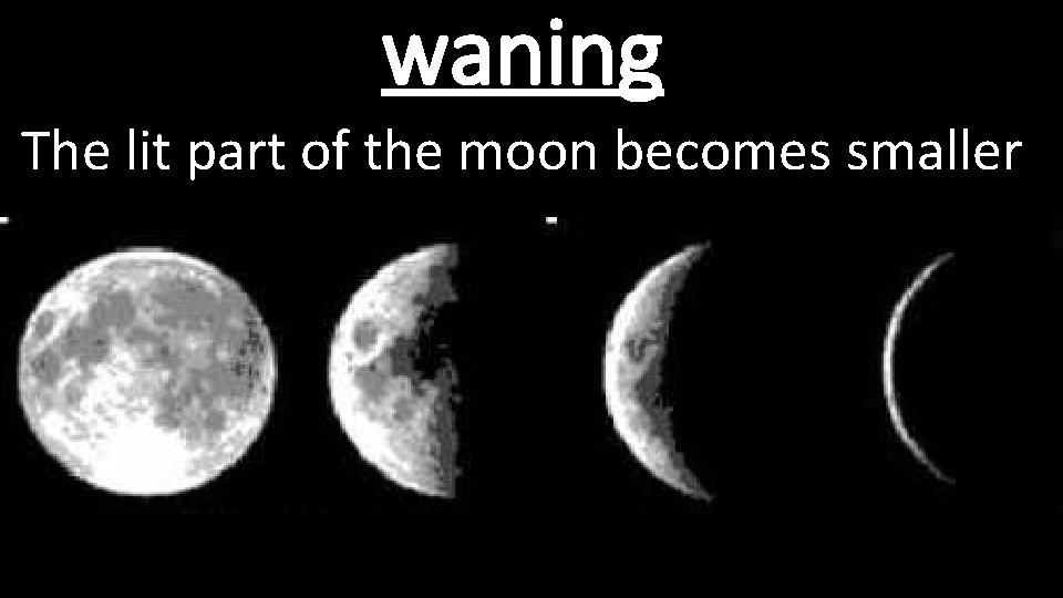 waning The lit part of the moon becomes smaller 