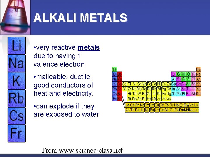 ALKALI METALS • very reactive metals due to having 1 valence electron • malleable,