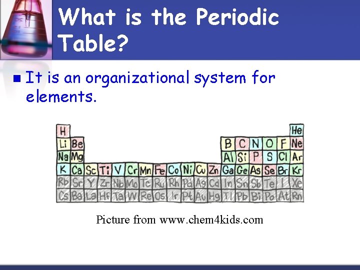 What is the Periodic Table? n It is an organizational system for elements. Picture