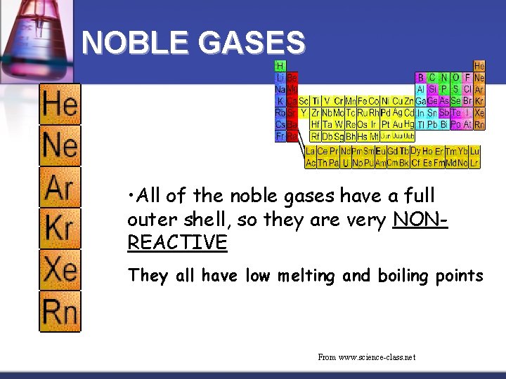 NOBLE GASES • All of the noble gases have a full outer shell, so