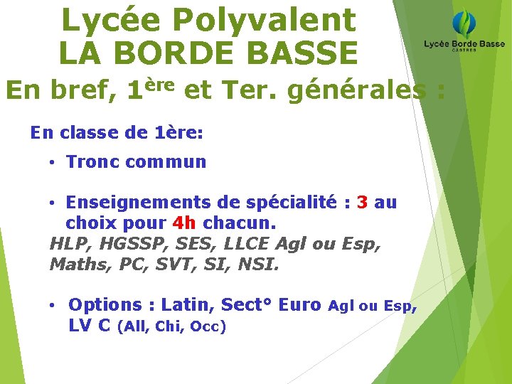 Lycée Polyvalent LA BORDE BASSE En bref, 1ère et Ter. générales : En classe