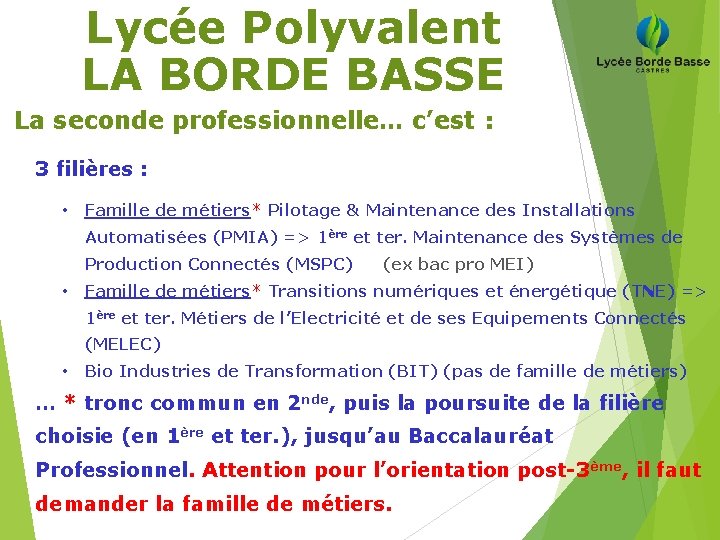 Lycée Polyvalent LA BORDE BASSE La seconde professionnelle… c’est : 3 filières : •