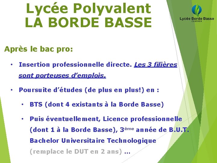 Lycée Polyvalent LA BORDE BASSE Après le bac pro: • Insertion professionnelle directe. Les