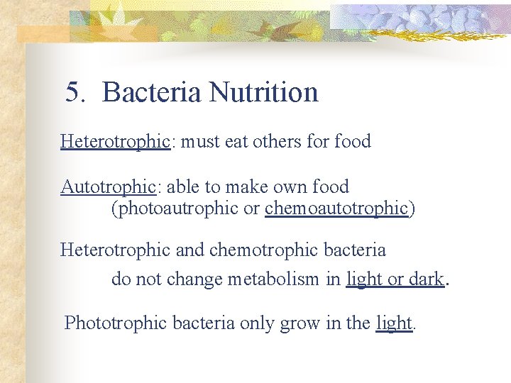 5. Bacteria Nutrition Heterotrophic: must eat others for food Autotrophic: able to make own