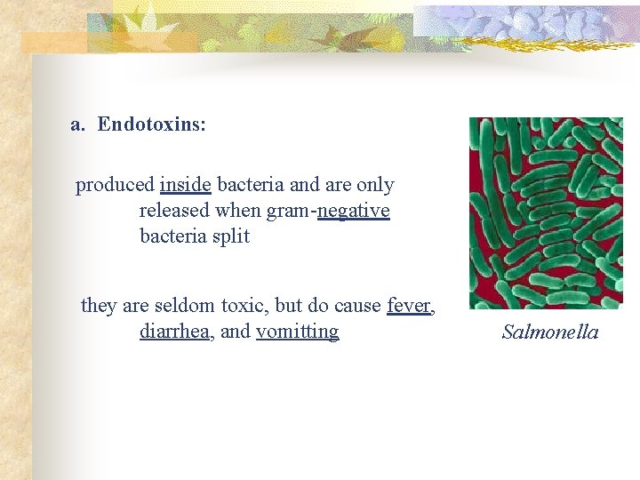 a. Endotoxins: produced inside bacteria and are only released when gram-negative bacteria split they