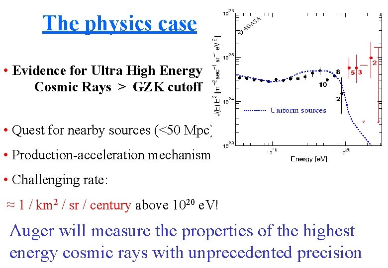 The physics case • Evidence for Ultra High Energy Cosmic Rays > GZK cutoff