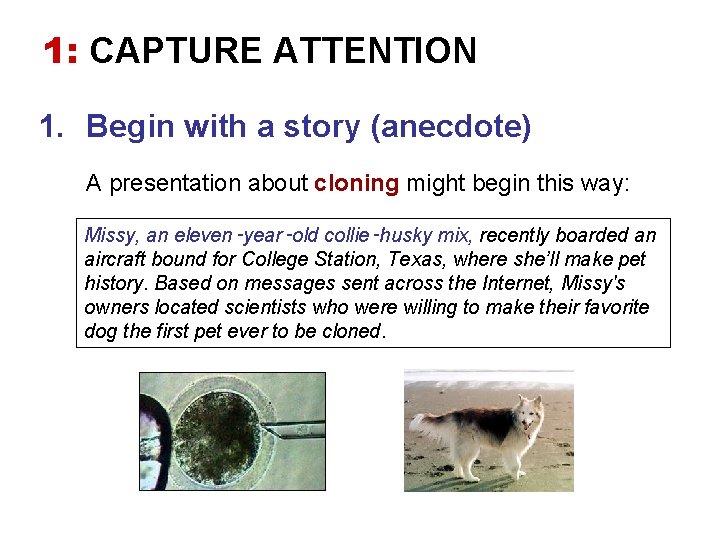1: CAPTURE ATTENTION 1. Begin with a story (anecdote) A presentation about cloning might
