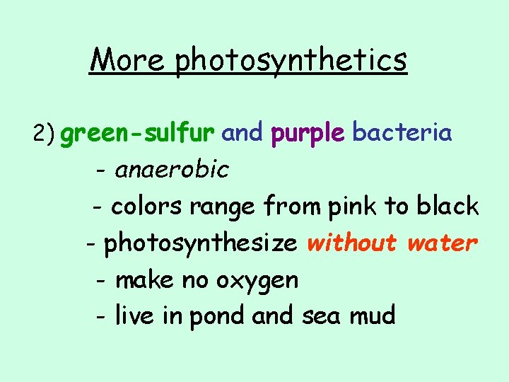 More photosynthetics 2) green-sulfur and purple bacteria - anaerobic - colors range from pink