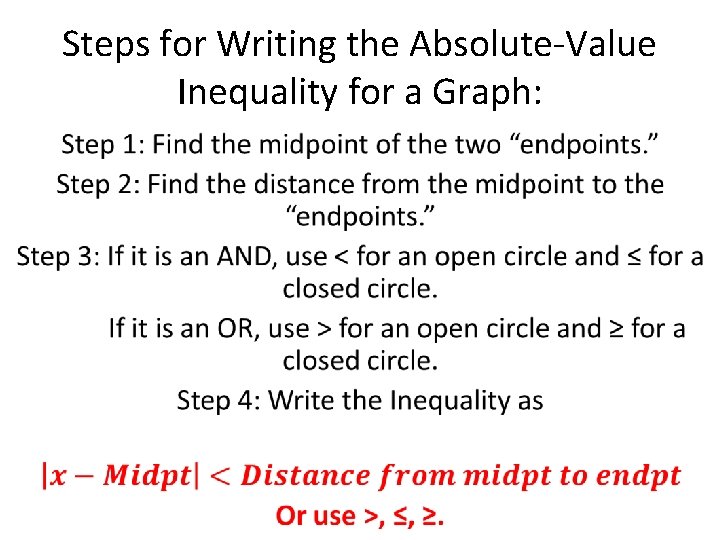 Steps for Writing the Absolute-Value Inequality for a Graph: • 