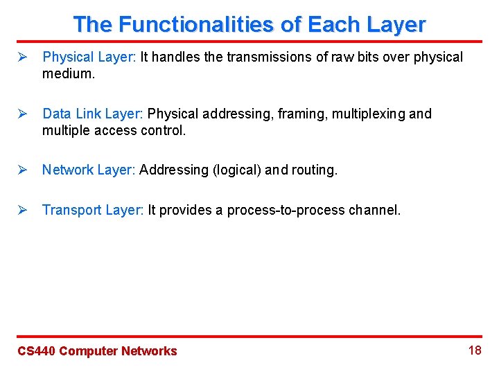 The Functionalities of Each Layer Ø Physical Layer: It handles the transmissions of raw