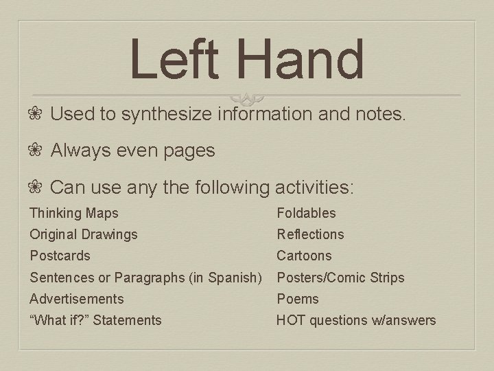 Left Hand ❀ Used to synthesize information and notes. ❀ Always even pages ❀