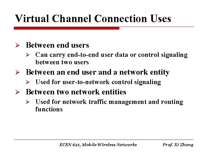 Virtual Channel Connection Uses Ø Between end users Ø Ø Between an end user