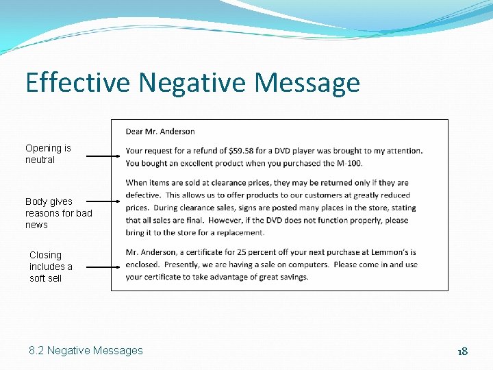 Effective Negative Message Opening is neutral Body gives reasons for bad news Closing includes Effective Negative Message Opening is neutral Body gives reasons for bad news Closing includes