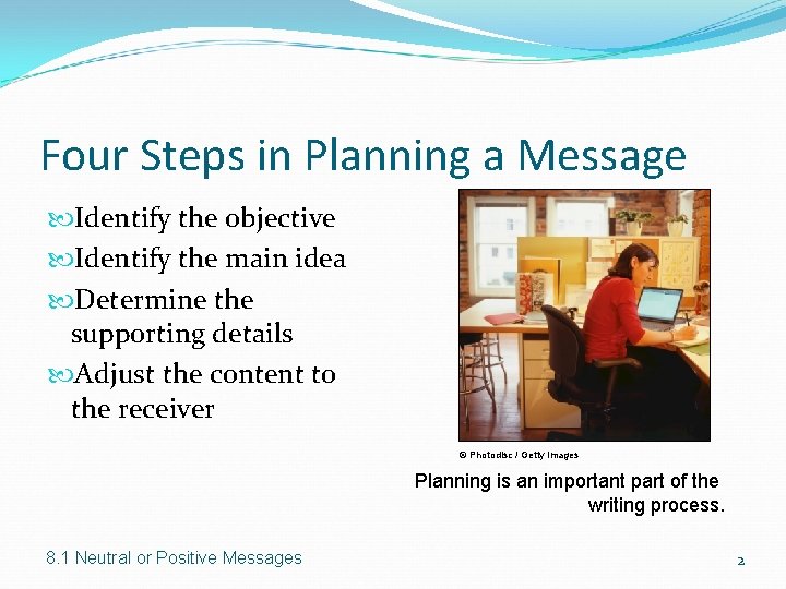 Four Steps in Planning a Message Identify the objective Identify the main idea Determine Four Steps in Planning a Message Identify the objective Identify the main idea Determine