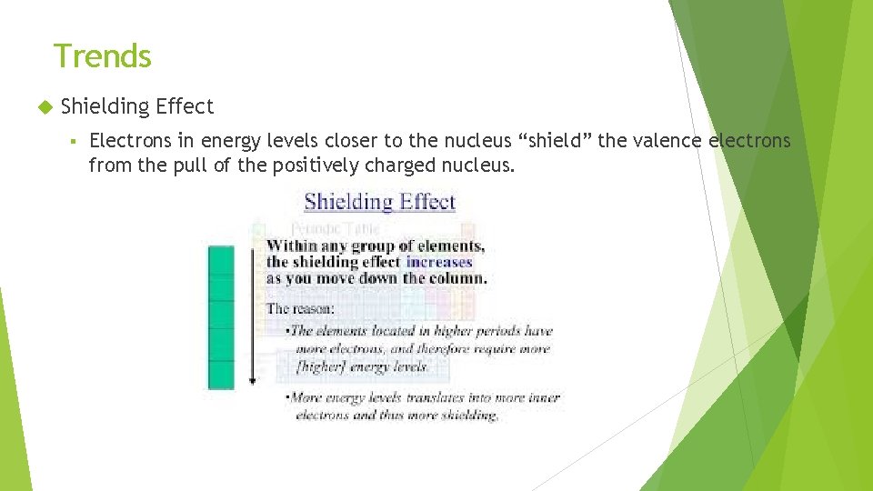 Trends Shielding Effect § Electrons in energy levels closer to the nucleus “shield” the