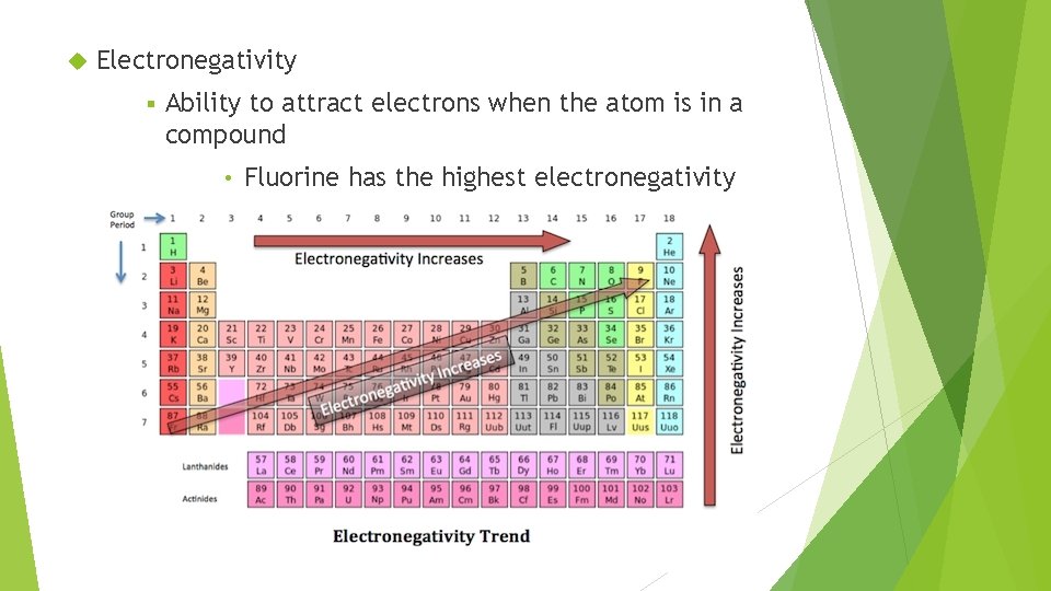 Electronegativity § Ability to attract electrons when the atom is in a compound