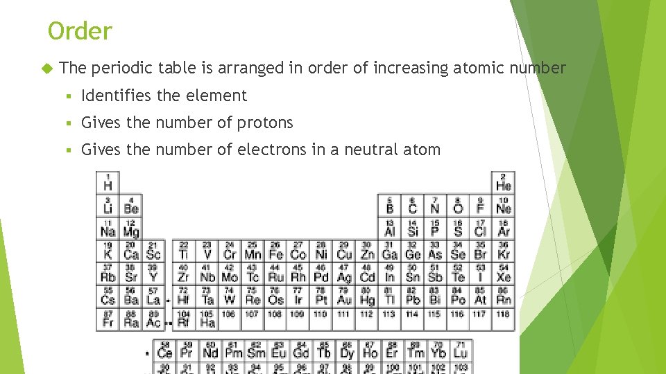 Order The periodic table is arranged in order of increasing atomic number § Identifies