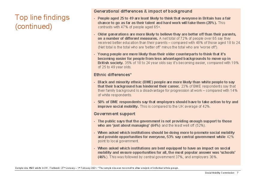 Top line findings (continued) Generational differences & impact of background • People aged 25