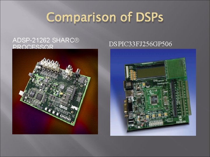 Comparison of DSPs ADSP-21262 SHARC® PROCESSOR DSPIC 33 FJ 256 GP 506 Comparison of DSPs ADSP-21262 SHARC® PROCESSOR DSPIC 33 FJ 256 GP 506