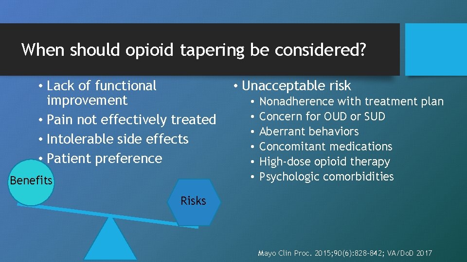 When should opioid tapering be considered? • Lack of functional improvement • Pain not