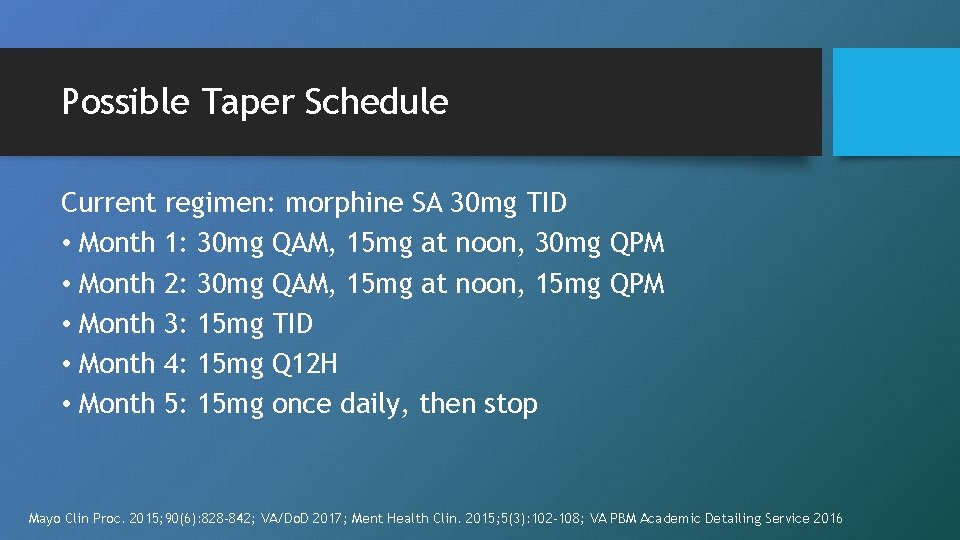 Possible Taper Schedule Current regimen: morphine SA 30 mg TID • Month 1: 30