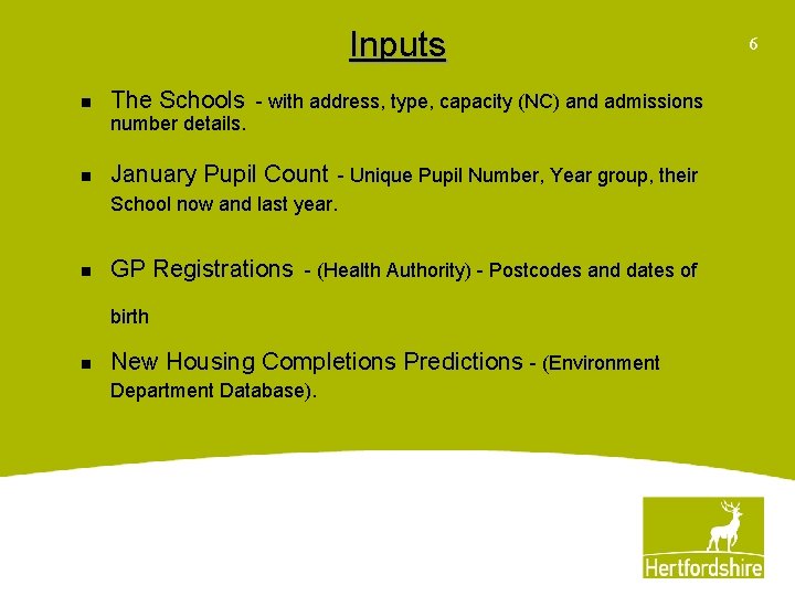 Inputs n The Schools - with address, type, capacity (NC) and admissions number details.