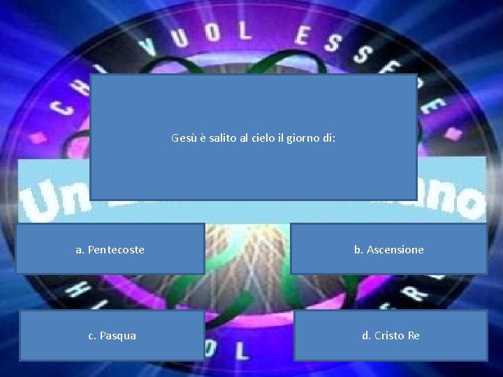 Gesù è salito al cielo il giorno di: a. Pentecoste b. Ascensione c. Pasqua