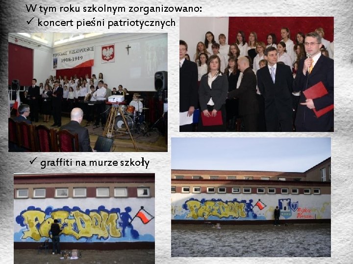 W tym roku szkolnym zorganizowano: ü koncert pieśni patriotycznych ü graffiti na murze szkoły