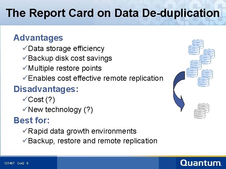 The Report Card on Data De-duplication Advantages üData storage efficiency üBackup disk cost savings