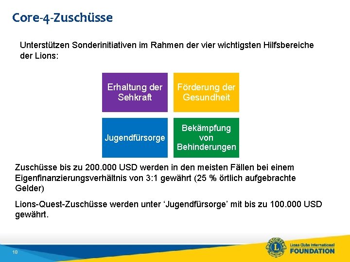 Core-4 -Zuschüsse Unterstützen Sonderinitiativen im Rahmen der vier wichtigsten Hilfsbereiche der Lions: Erhaltung der