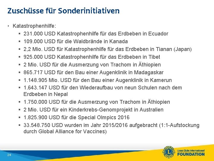 Zuschüsse für Sonderinitiativen • Katastrophenhilfe: § 231. 000 USD Katastrophenhilfe für das Erdbeben in