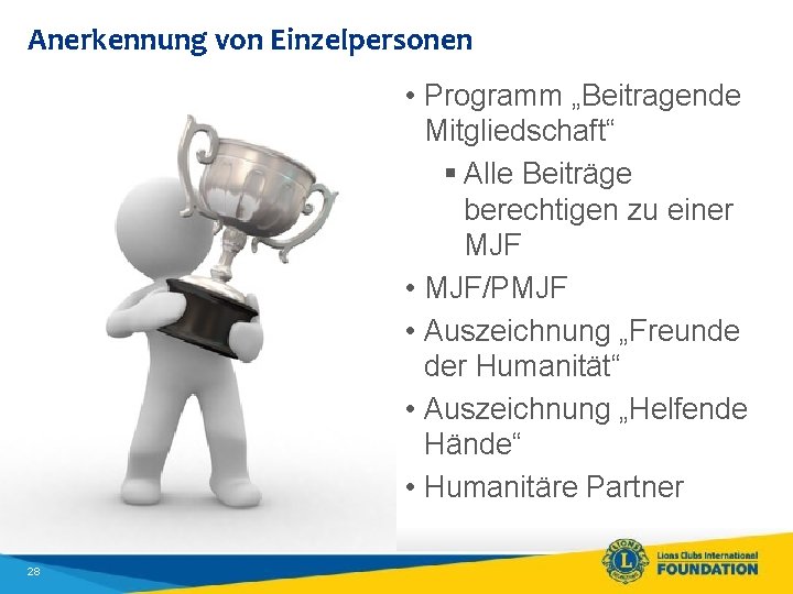 Anerkennung von Einzelpersonen • Programm „Beitragende Mitgliedschaft“ § Alle Beiträge berechtigen zu einer MJF