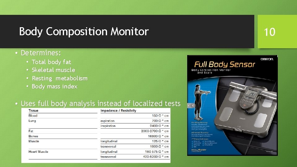 Body Composition Monitor • Determines: • • Total body fat Skeletal muscle Resting metabolism