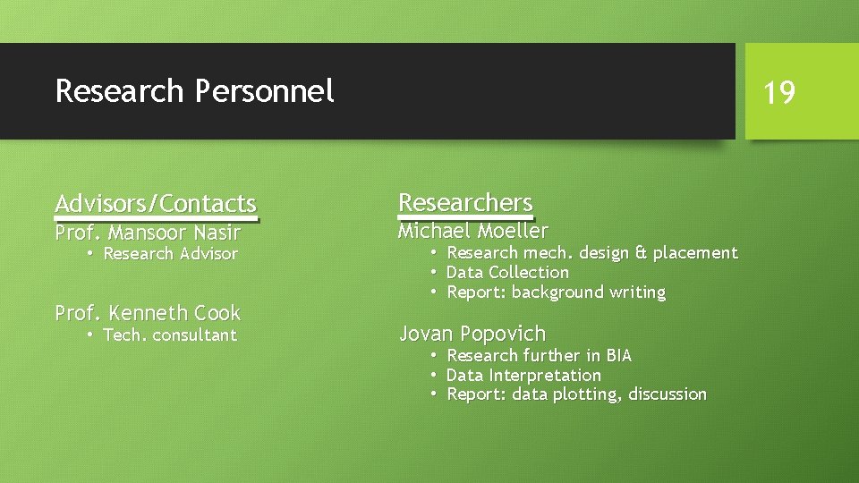 Research Personnel Advisors/Contacts Prof. Mansoor Nasir • Research Advisor Prof. Kenneth Cook • Tech.