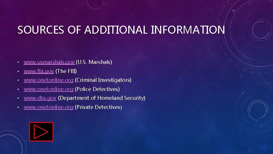 SOURCES OF ADDITIONAL INFORMATION • www. usmarshals. gov (U. S. Marshals) • www. fbi.