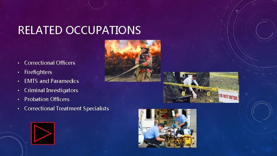 RELATED OCCUPATIONS • Correctional Officers • Firefighters • EMTS and Paramedics • Criminal Investigators