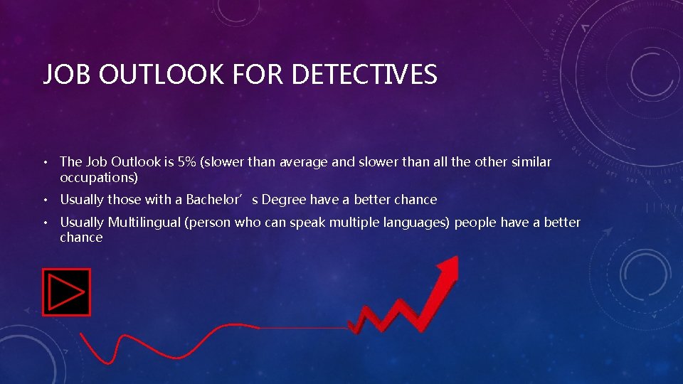 JOB OUTLOOK FOR DETECTIVES • The Job Outlook is 5% (slower than average and