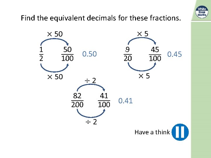 Find the equivalent decimals for these fractions. 0. 50 0. 45 0. 41 Have